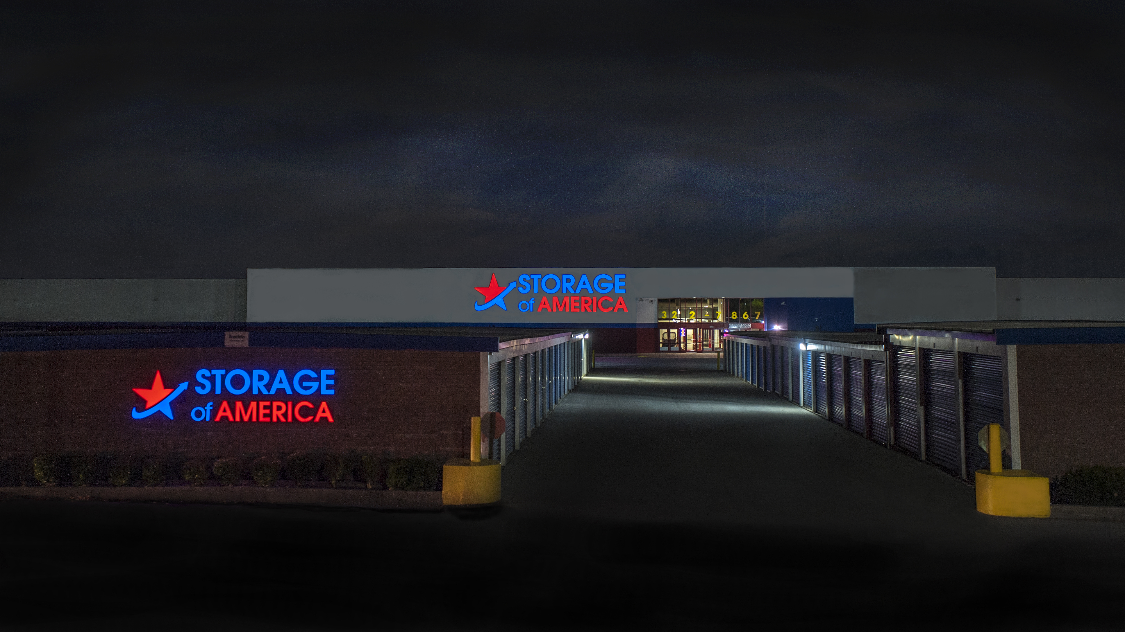 Storage of America facility at night